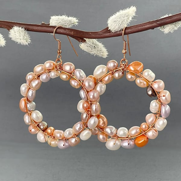 Multicoloured Cultured Pearl Large Copper Hoop Earrings 