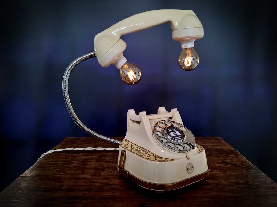Handmade Upcycled Very Rare Vintage Ivory & Brass Diecast Telephone Desk Lamp