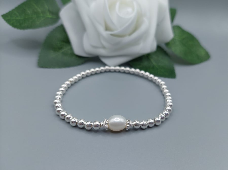 Sterling Silver & Freshwater Pearl Stretch Stacking Bracelet, Sterling Silver Da