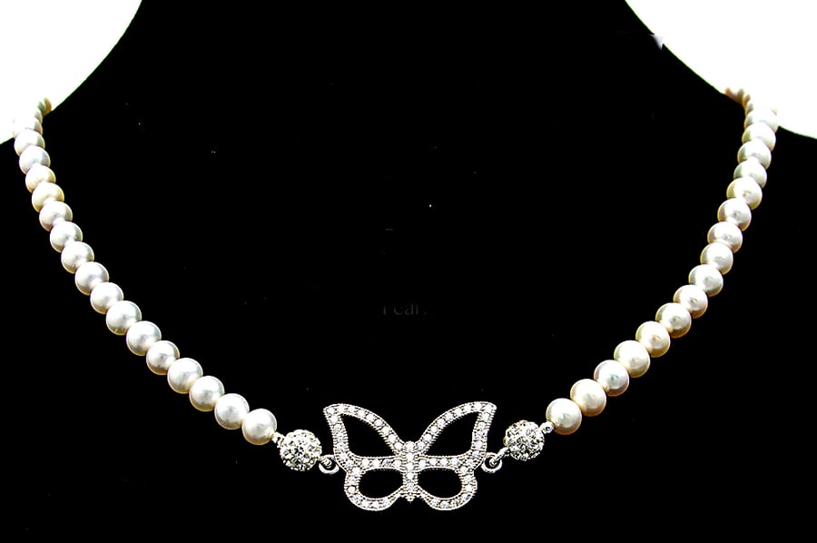 Pearl Necklace, Pearl Bracelet, Stud Pearl Earring Set, Butterfly Connector Set