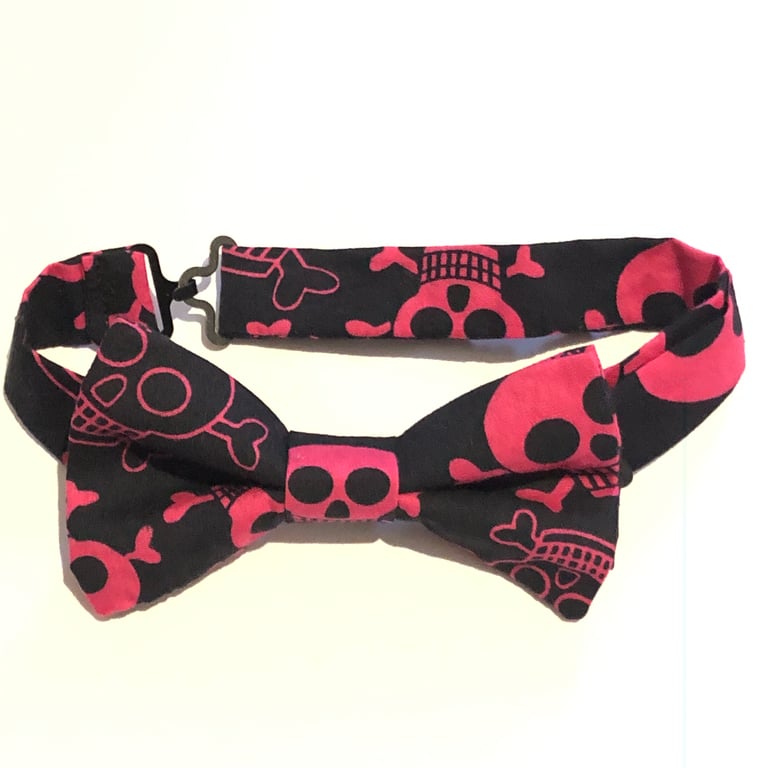 Bow Tie Shocking Pink Skulls on Black Fabric Print Adjustable Tie Work or Play