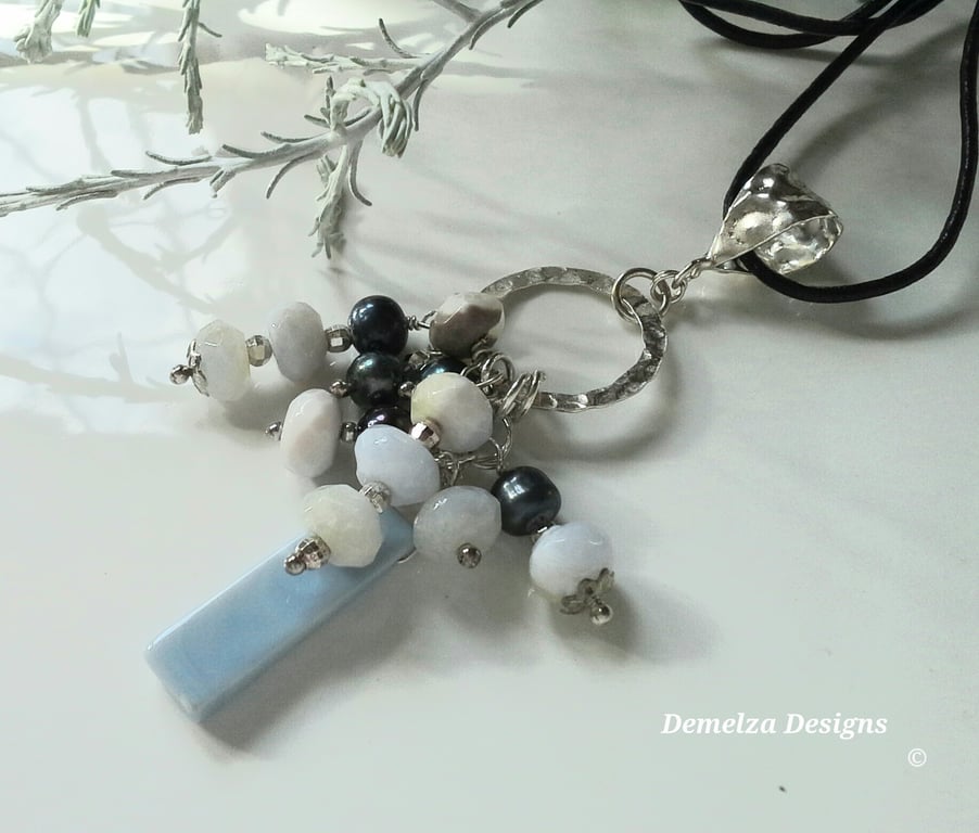 Blue Opal & Freshwater Pearl Charm Pendent Sterling Silver 