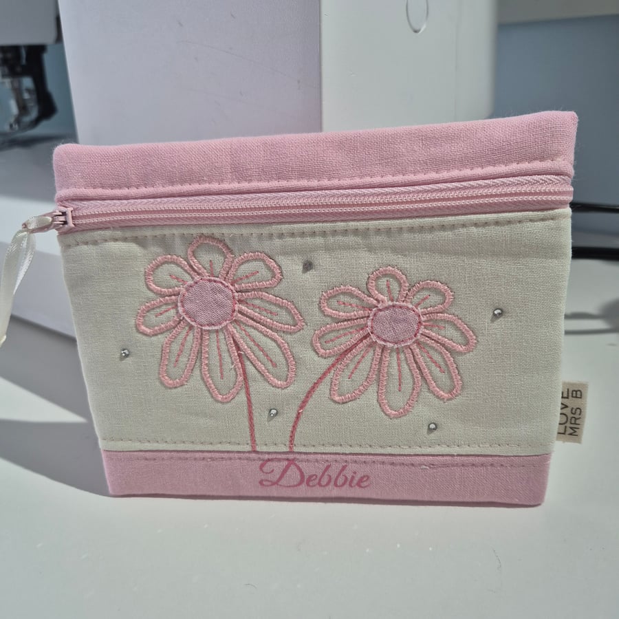 Small make up bag. Personalised makeup bag. Embroidered flowers