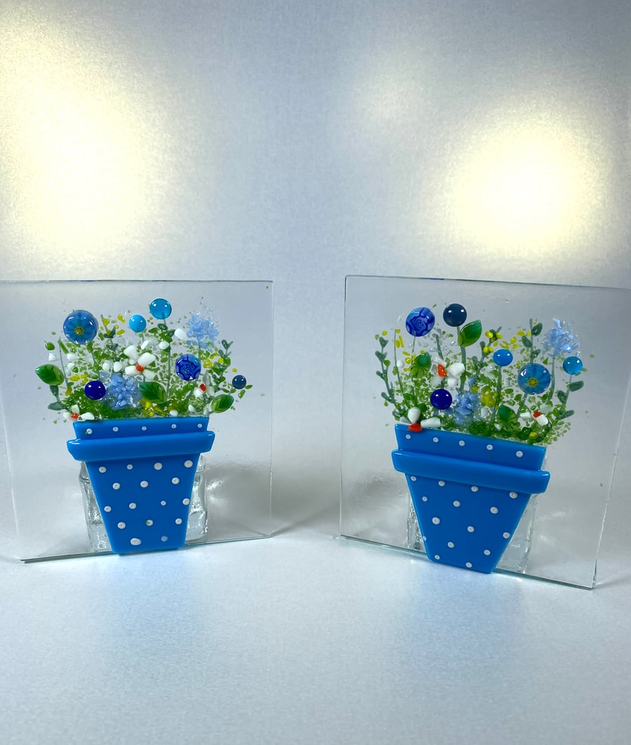 Fused glass flower pots  with candle screen-  ornaments 