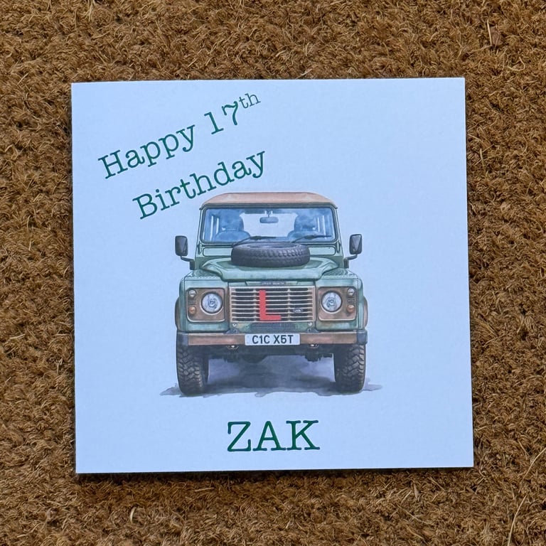 Land Rover Defender 17th Birthday Card - Personalised with name, message and 'L"