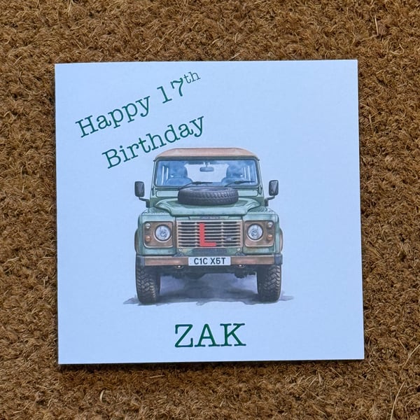 Land Rover Defender 17th Birthday Card - Personalised with name, message and 'L"