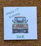 Land Rover Defender 17th Birthday Card - Personalised with name, message and 'L"