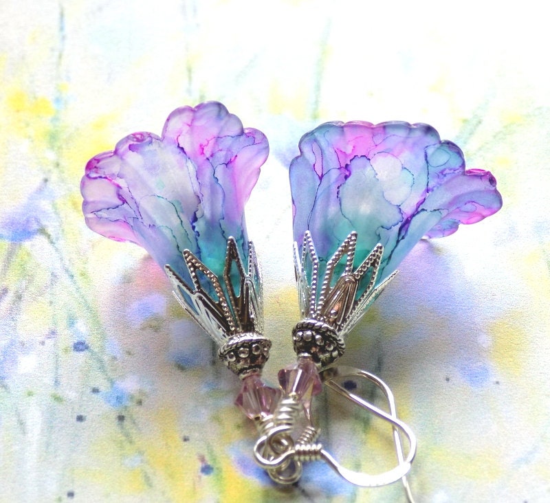 Purple and Blue Hand Painted Vintage Style Lucite Lily Flower Earrings