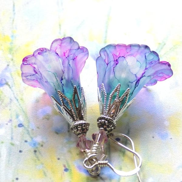 Purple and Blue Hand Painted Lucite Lily Flower Earrings