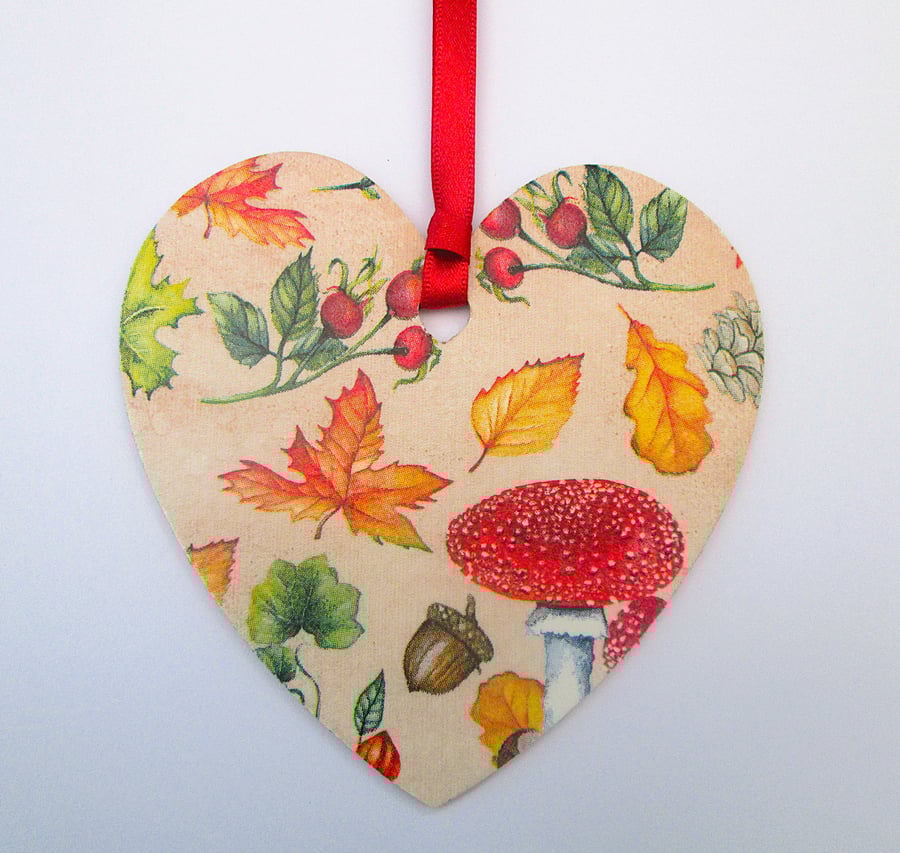 Autumn leaves and fungi wood decoupage heart hanging decoration