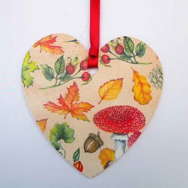 Autumn leaves and fungi wood decoupage heart hanging decoration