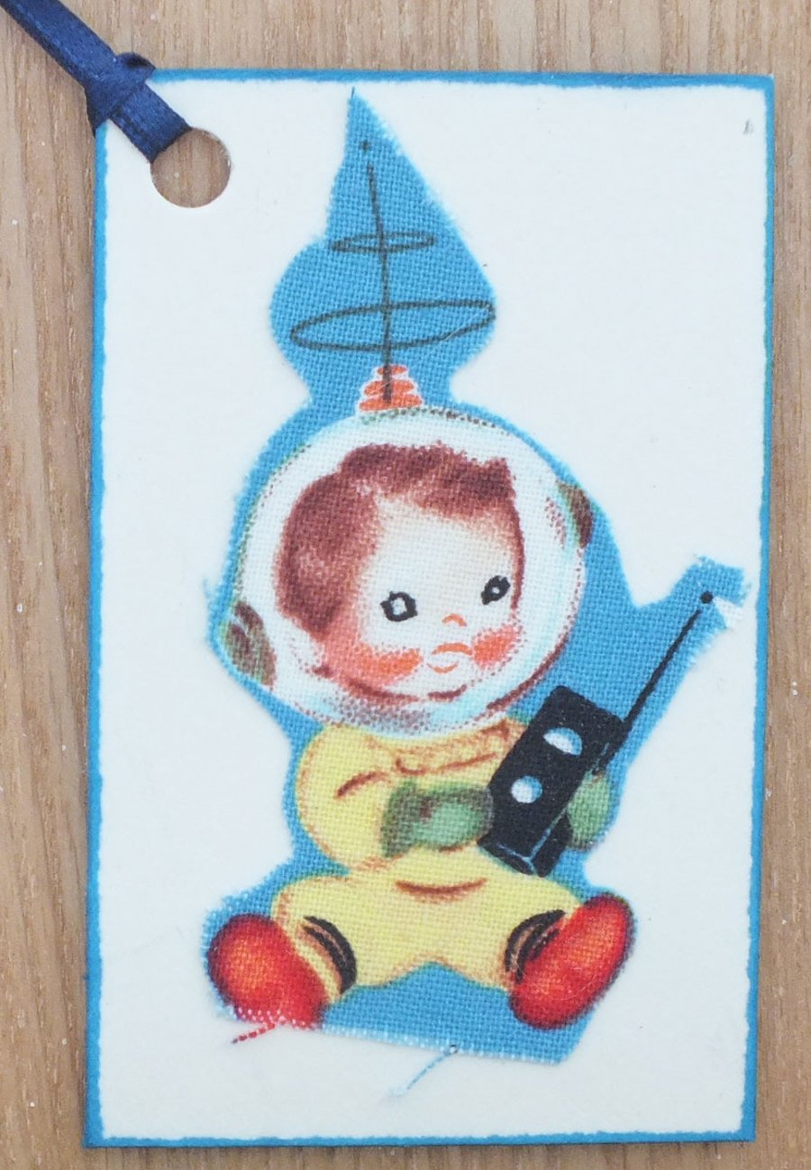 Little rocket boy - gift tag made using original vintage 1950's material