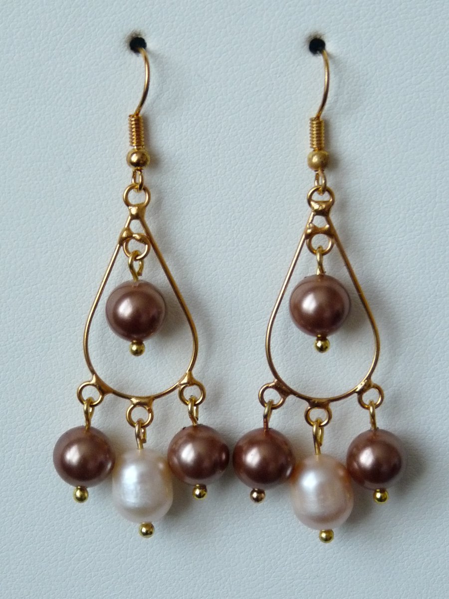 Peach Freshwater Pearls & Coffee Shell Chandelier Earrings 