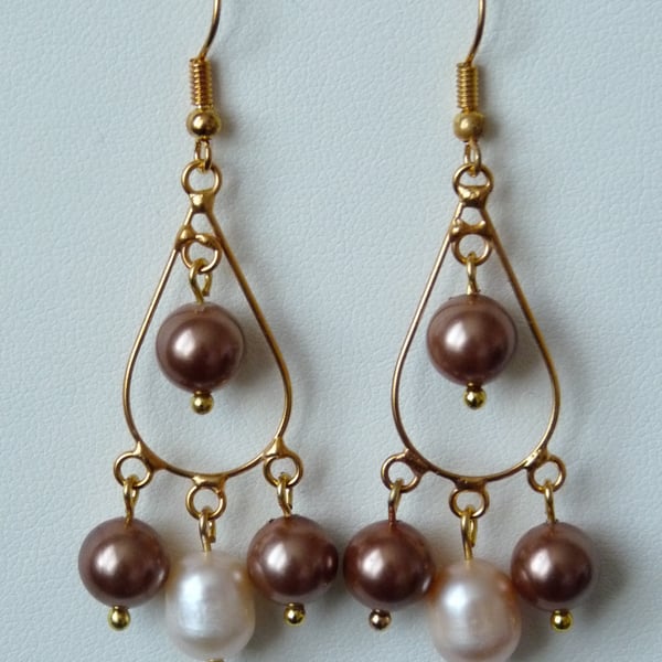 Freashwater Pearl & Shell Chandelier Earrings - Genuine Gemstone - Handmade