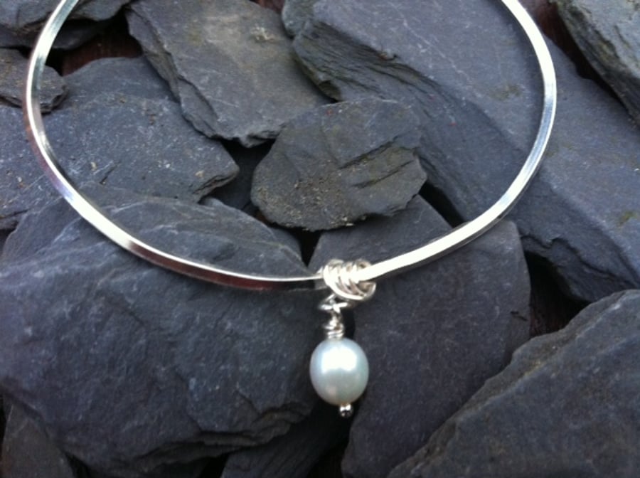 Sterling Silver Bangle with Freshwater Pearl  charm dangle