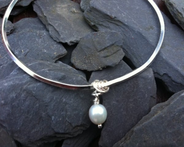 Sterling Silver Bangle with Freshwater Pearl  charm dangle