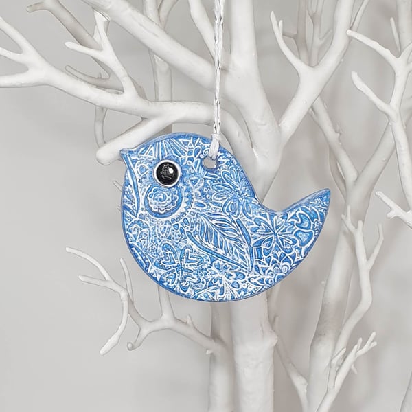 Clay blue and white bird decoration, hanging home decor, stocking filler gift