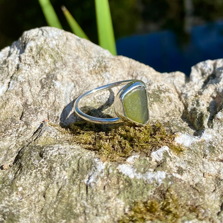 Olive Green Twist Sea Glass and Sterling Silver Ring- Size Q - 1359