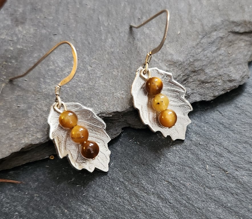 Pewter leaf earrings with tigers eye stones