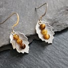 Pewter leaf earrings with tigers eye stones