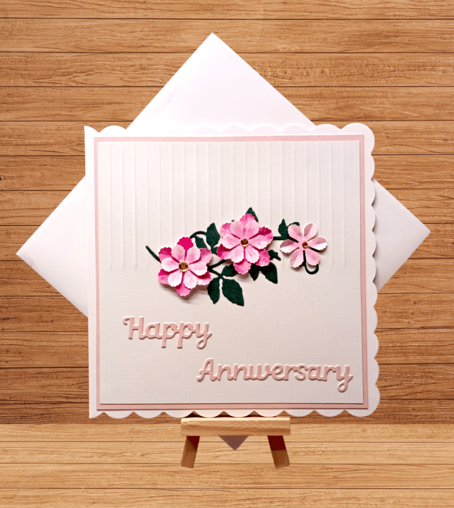 Delicate pink floral handcrafted anniversary card