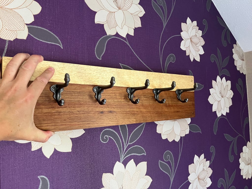 Stunning Kiaat hardwood coat hook with Cast Iron hooks
