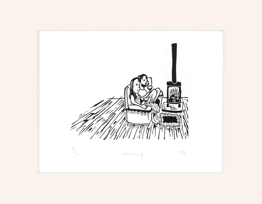 Glowing - hand printed lino print by Melanie Wickham