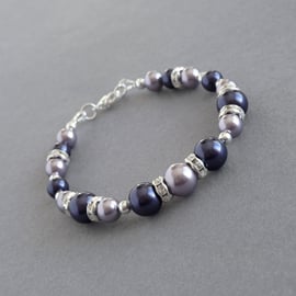 Dark Purple and Lilac Bracelet - Dusty Purple Pearl and Crystal Wedding Bracelet