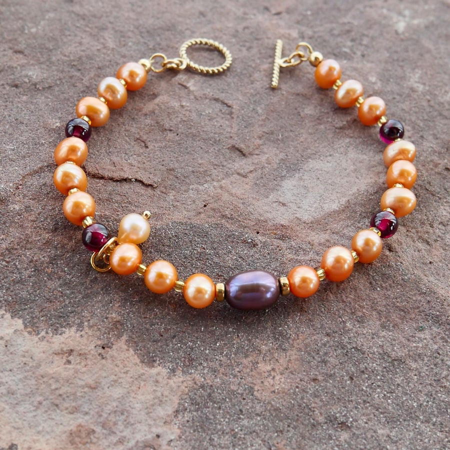 Orange Freshwater Pearl Bracelet with a 14k Gold Filled Toggle Clasp