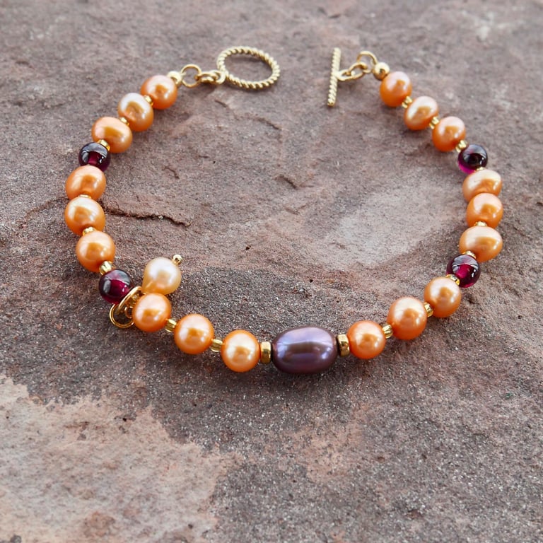 Orange Freshwater Pearl Bracelet with a 14k Gold Filled Toggle Clasp