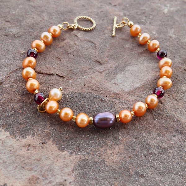 Orange Freshwater Pearl Bracelet with a 14k Gold Filled Toggle Clasp