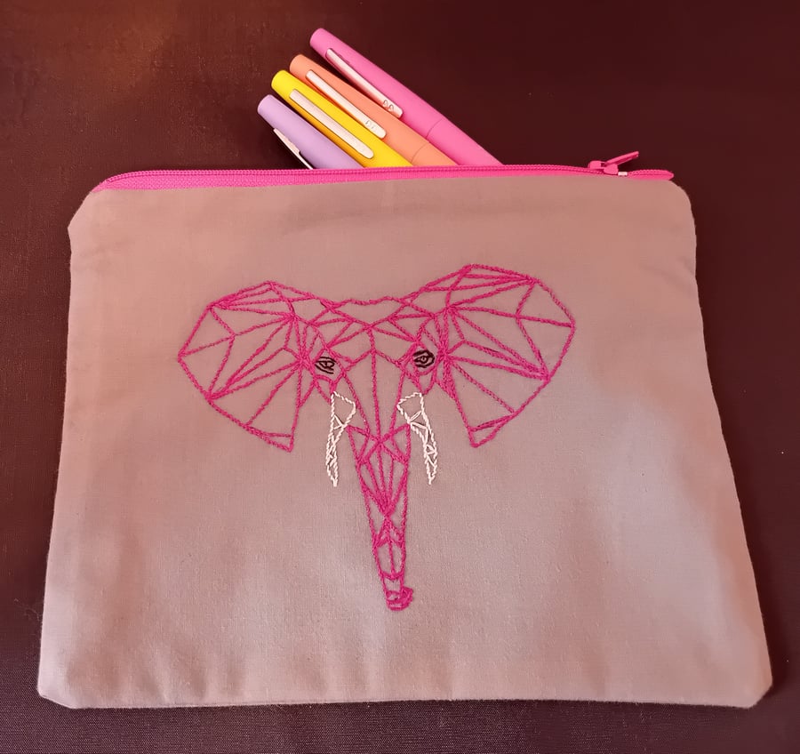 Hand Embroidered Geometric Zippered Pouch - Elephant Face