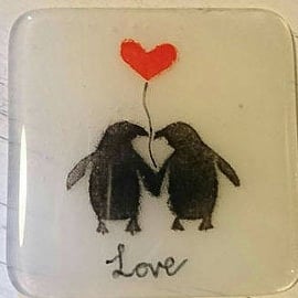 Fused Glass Penguin Love Coaster, Valentines day, Anniversary, gift, 