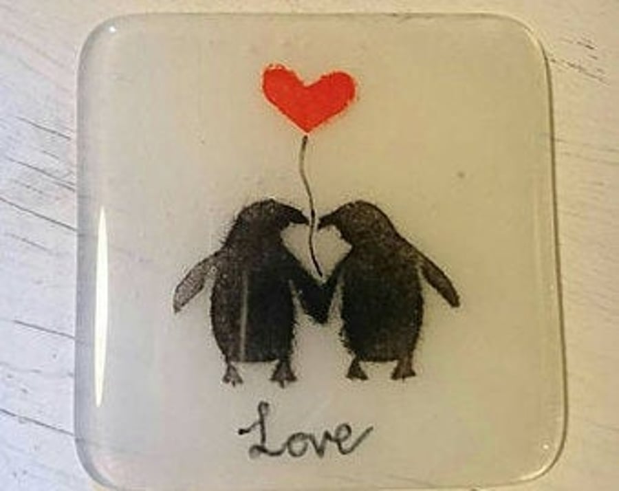 Fused Glass Penguin Love Coaster, Valentines day, Anniversary, gift, 