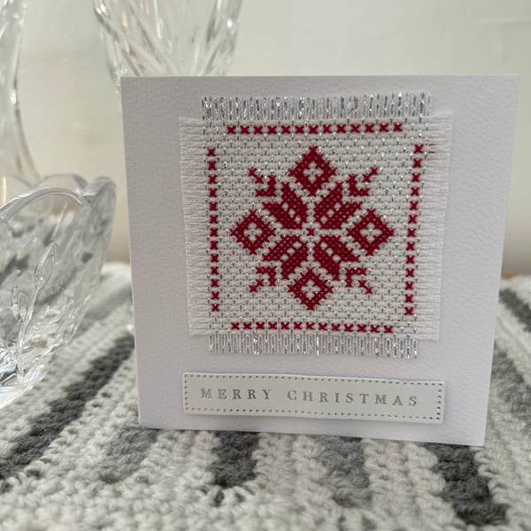 Scandinavian style cross stitch blank Christmas card 3 inch x 3 inch 