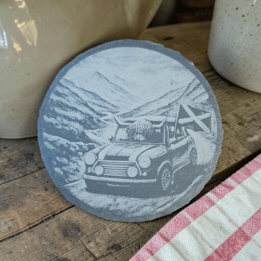 Highland Cow Slate Coaster – Funny Scottish Cow Design – Rustic Farmhouse Decor