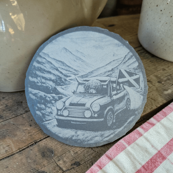 Highland Cow Slate Coaster – Funny Scottish Cow Design – Rustic Farmhouse Decor