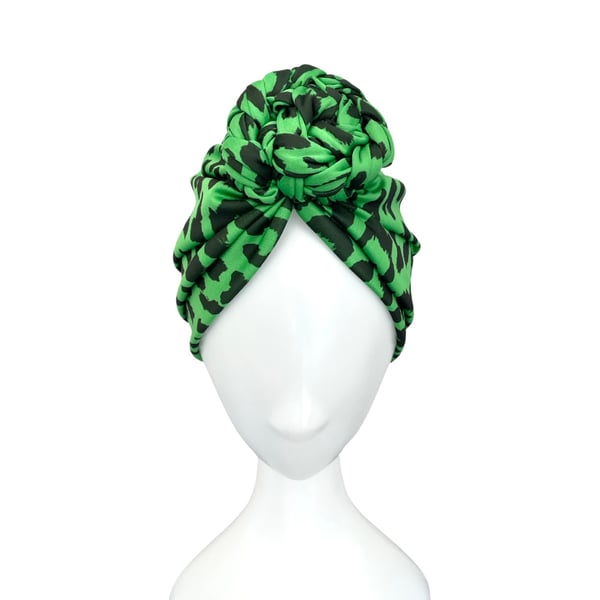 Green and black cheetah animal print retro knot turban hat for women