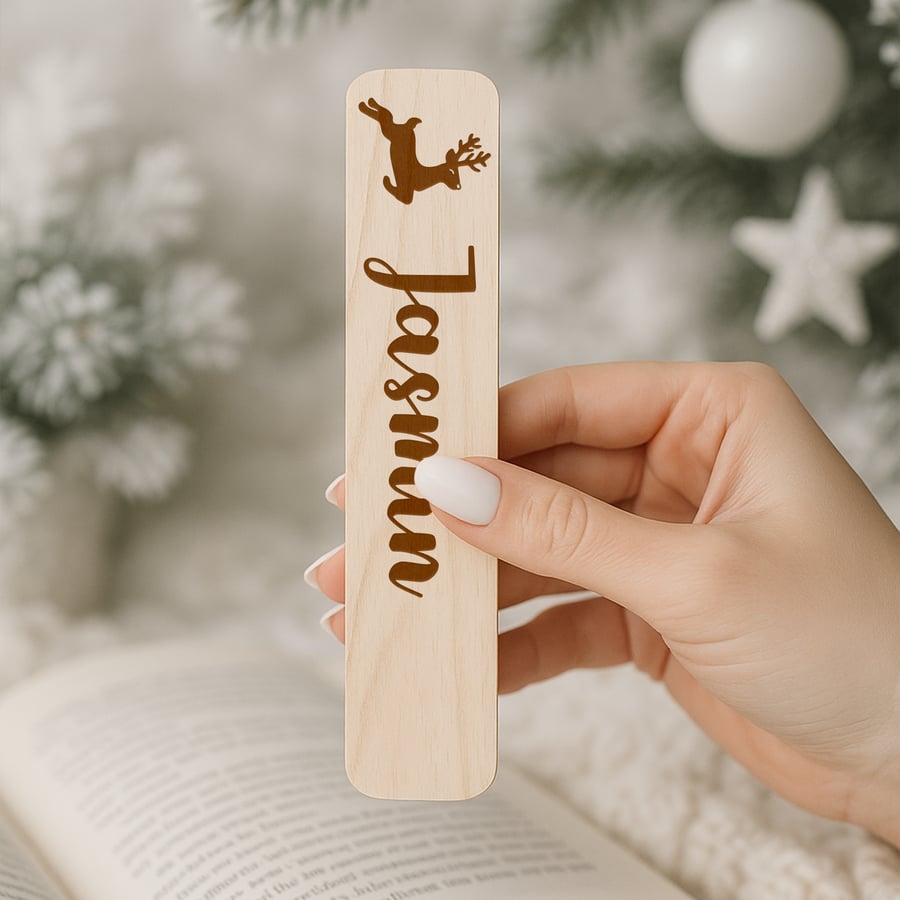 Personalised Bookmark - Reindeer Jumping: Custom Name Wooden Christmas Book Gift