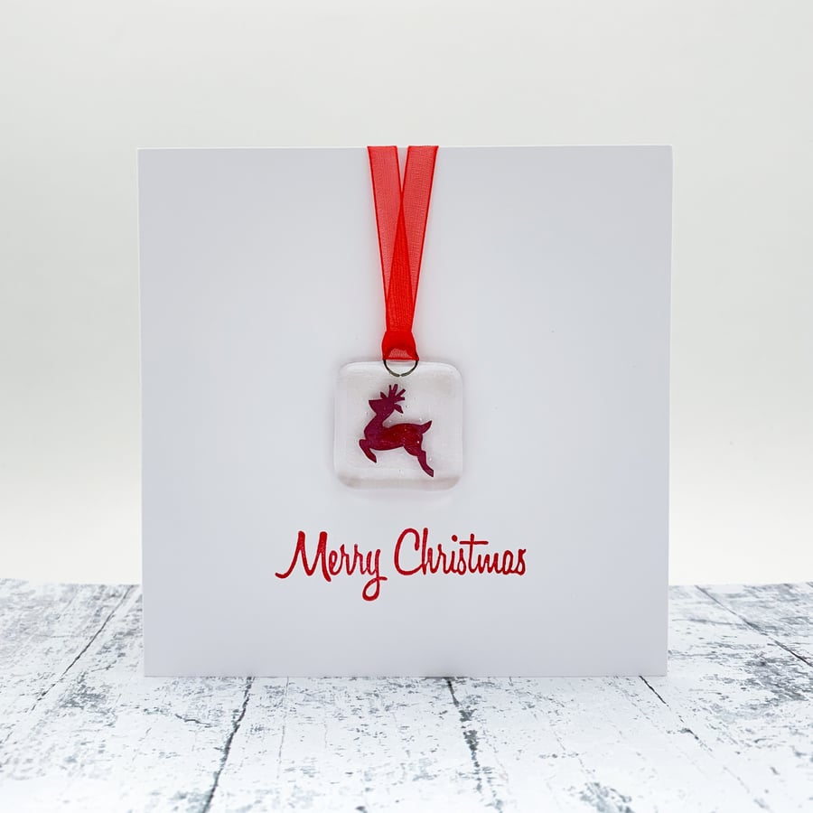 Christmas Card with Reindeer Fused Glass Keepsake Glass Suncatcher
