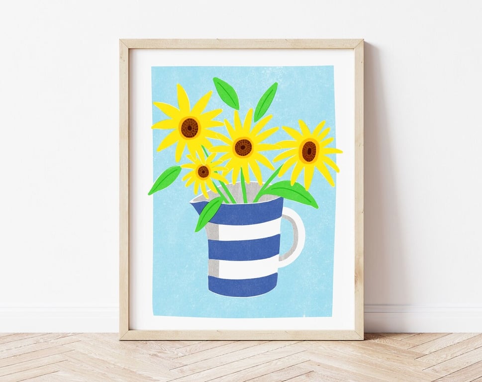 Sunflowers in a Cornishware Jug Art Print, Risograph Style Print