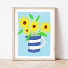 Sunflowers in a Cornishware Jug Art Print, Risograph Style Print