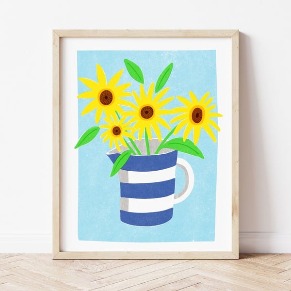 Sunflowers in a Cornishware Jug Art Print, Risograph Style Print