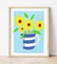 Sunflowers in a Cornishware Jug Art Print, Risograph Style Print