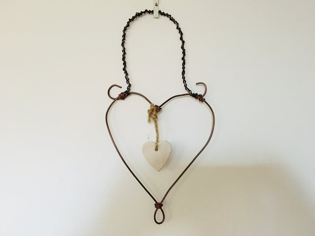 Wire art love heart, hanging heart sculpture, hand made hanging decoration