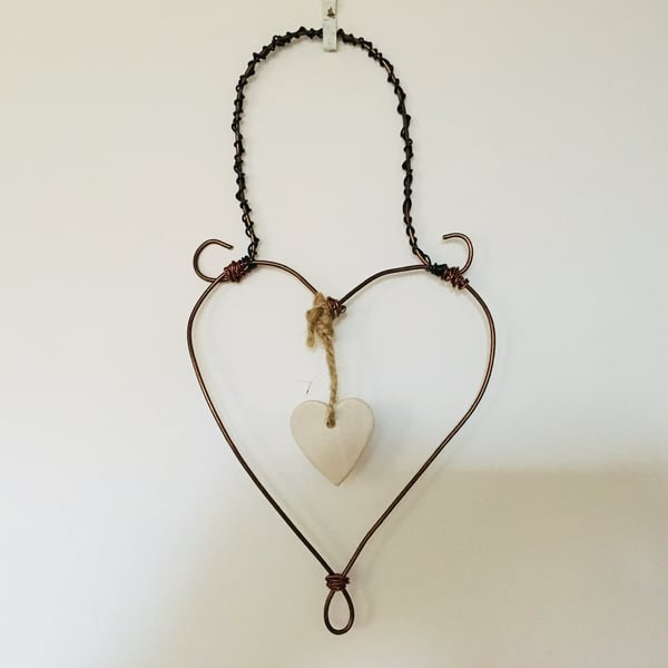 Wire art love heart, hanging heart sculpture, hand made hanging decoration