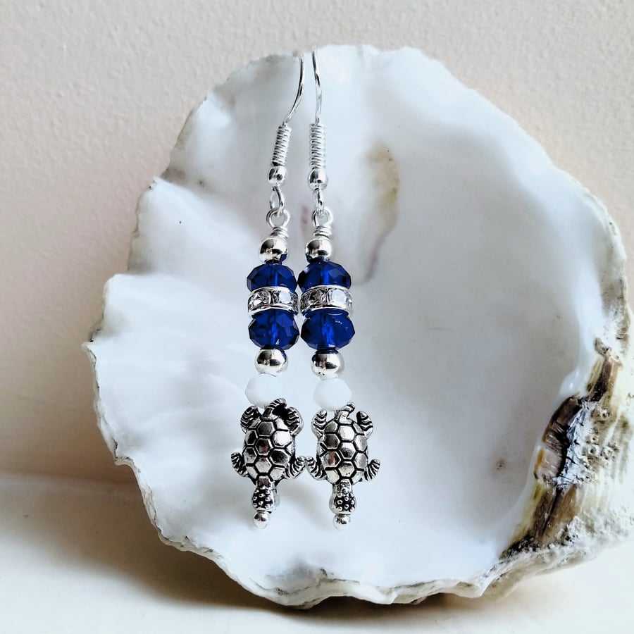 Cute Silver Sea Turtle and Blue Crystal Drop Earrings