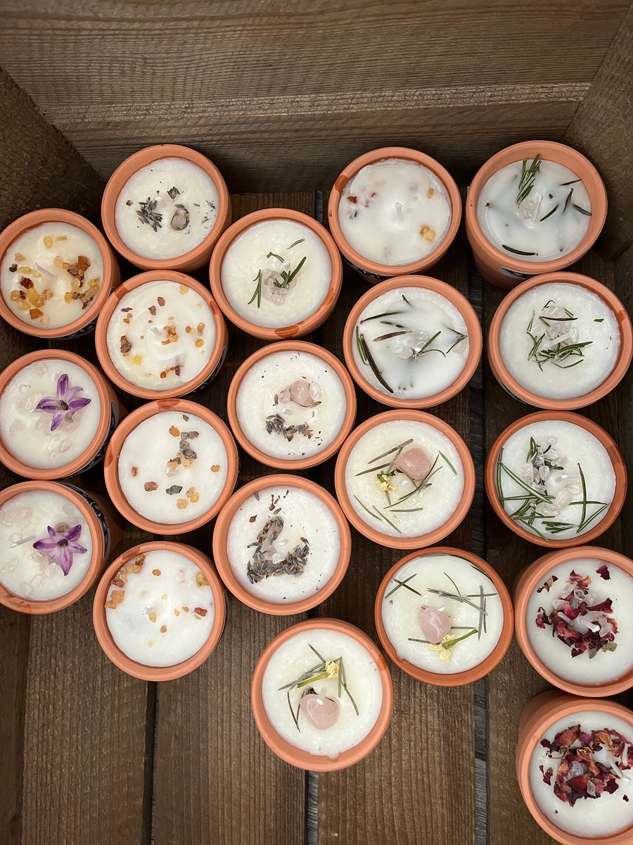 Soya candles in terracotta pots with pure essential oils.