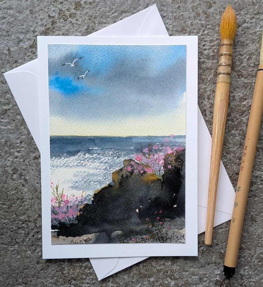 Sea Pinks. Blank Card. Original Painting 260188