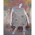 Large Female Figure Painting Naive Primitive Woman Figurative Artwork 16 x 20"